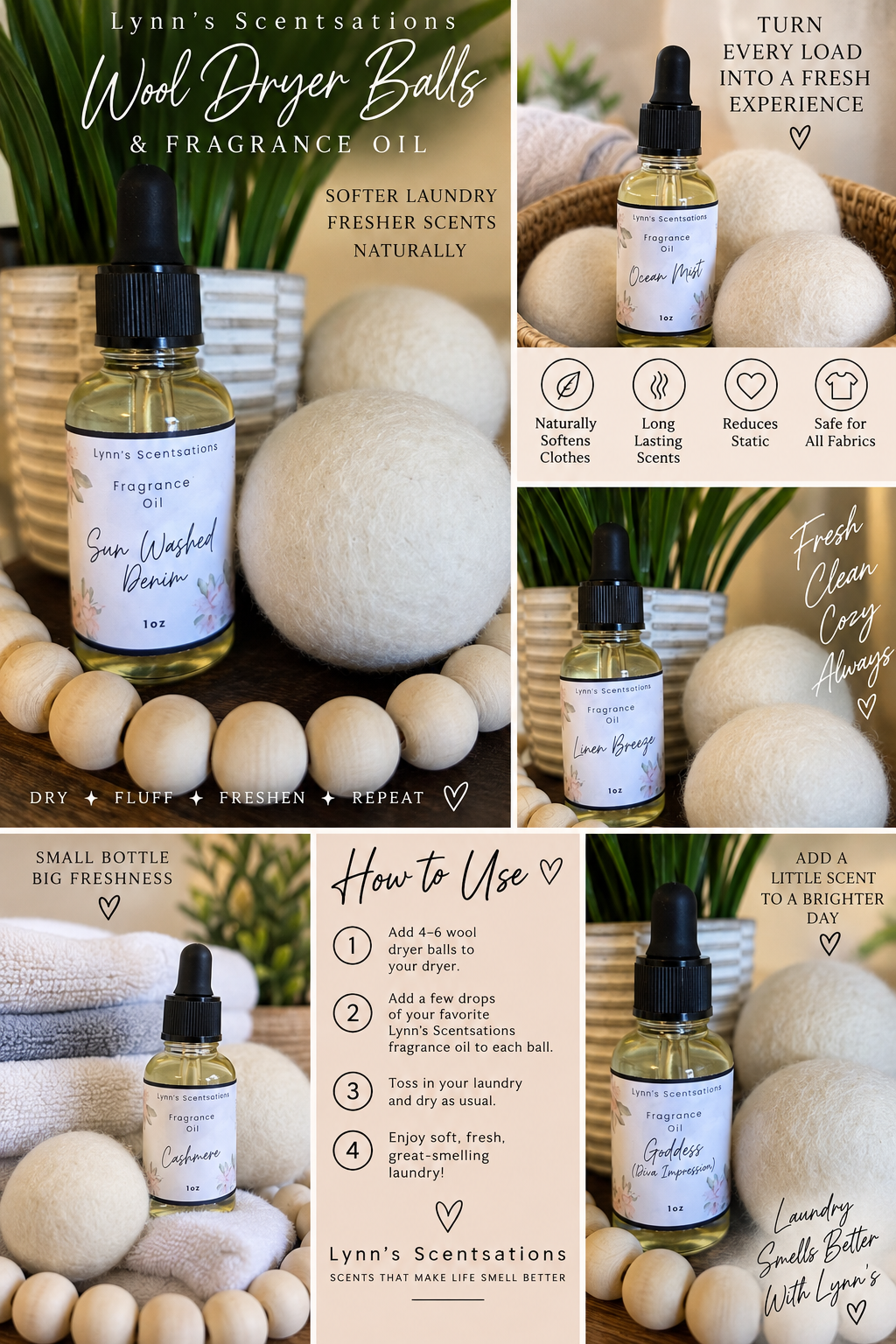 Wool Dryer Balls + 1 oz Fragrance Bottle Set
